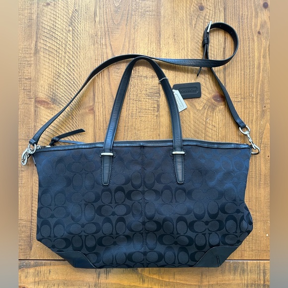 COACH Tote Bag Canvas BLK All Over Pattern 28882 Signature 2WAY Shoulder - Picture 1 of 16